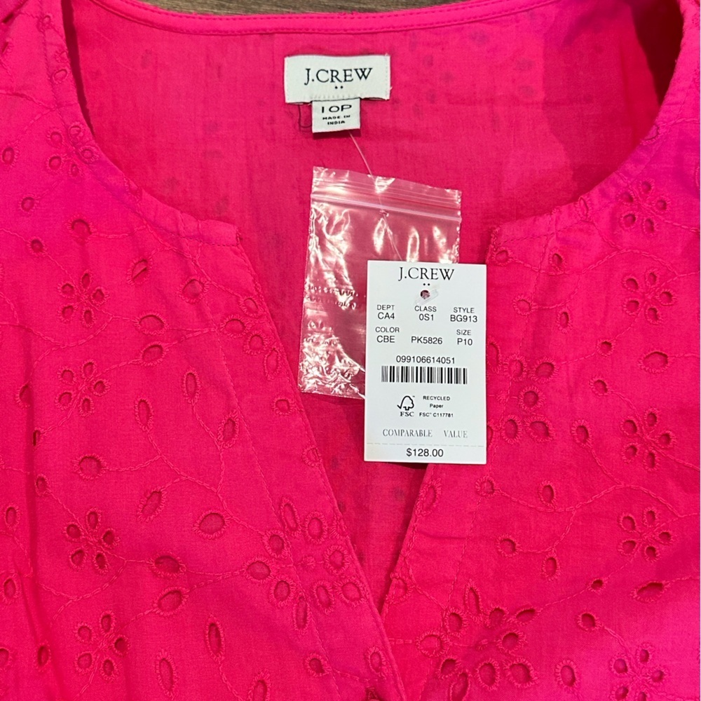 NWT! J. Crew Vibrant Pink Eyelet Puff-Sleeve Dress Size 10 Petite - Picture 4 of 12